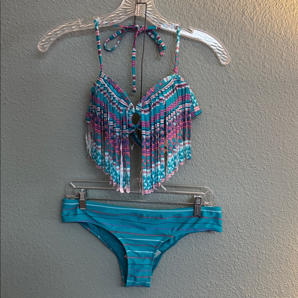 Roxy boho bikini turquoise multi-colored Medium Bandeau style top NWT